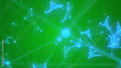 digital network nodes, glowing blue abstract particles connected by lines on green screen background for futuristic tech VFX overlays blockchain data or science visuals

