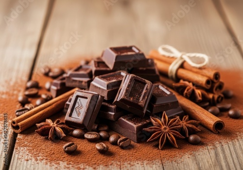 Aromatic chocolate pieces with cinnamon and anise on a wooden surface