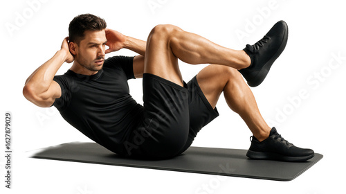 Fit man performing bicycle crunch exercise on a fitness mat wearing black athletic clothes and sneakers on transparent background.