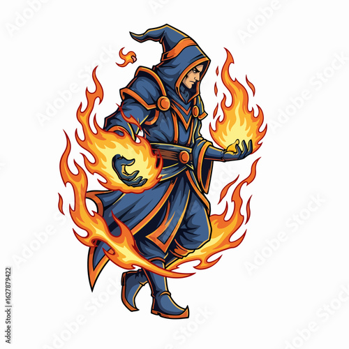 Fire mage casting spell with fire in his hands, showing concentration and power. Fire mage surrounded by blazing flames, using arcane magic. Illustrative fire mage for fantasy book, game,