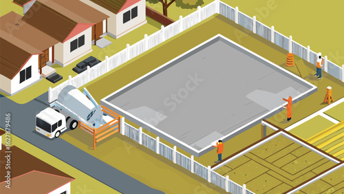 Isometric view of a construction site with a cement truck and workers near a house foundation