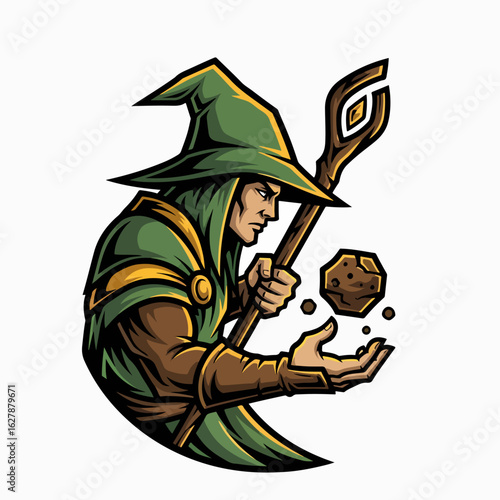 Wizard illustration with staff and floating rock evokes magic and fantasy. Wizard in green robes holding a staff evokes power and ancient knowledge.
