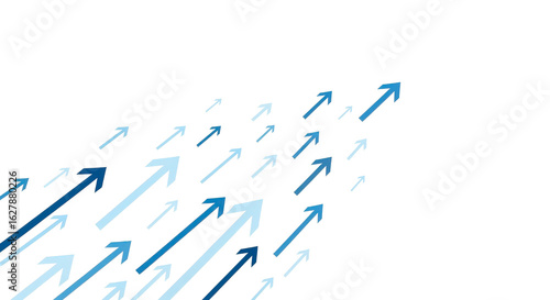 Array of blue arrows pointing upwards and to the right on a transparent background representing collective progress and rising trends