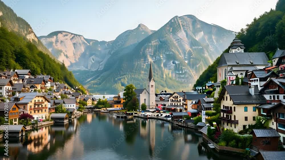 Picturesque Hallstatt Austria Village by Lake with Wooden Houses and Towering Mountains Reflecting on Water Picturesque Hallstatt Austria Village by Lake with Wooden Houses and Towering Mountains Reflecting on Water