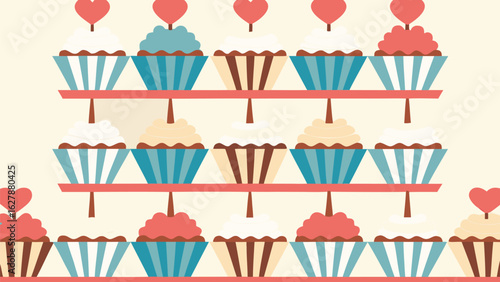Illustration of a tiered cupcake stand filled with colorful cupcakes and heart toppers design element