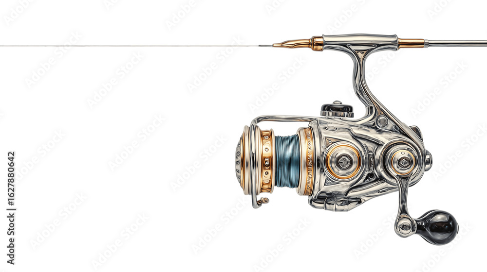 Obraz premium A minimal display of fishing reel, white background --ar 16:9