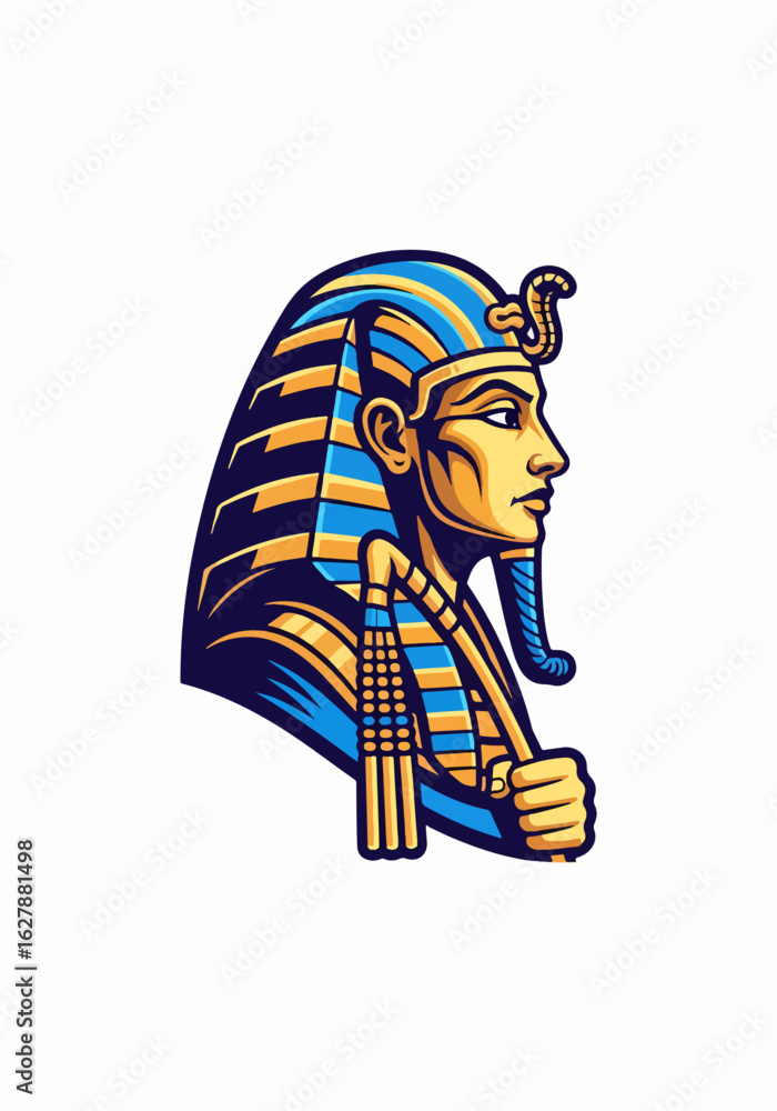 Fototapeta premium Egyptian pharaoh mascot design. Profile illustration of ancient Egyptian ruler, wearing traditional headdress and holding staff. This strong pharaoh mascot is perfect for team logos,