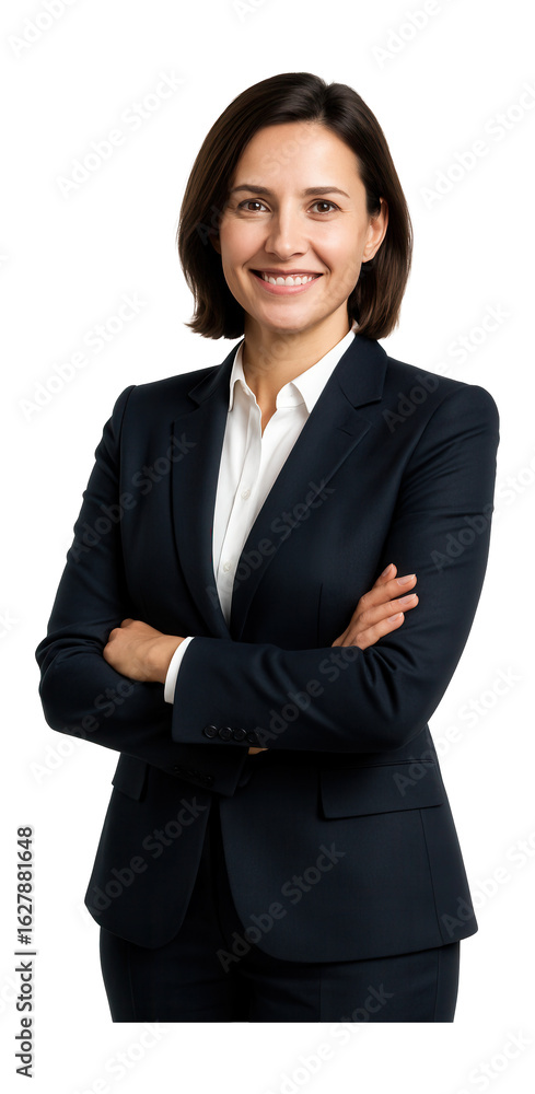 Confident woman in business attire smiling with arms crossed on transparent background. Confident woman in business attire smiling with arms crossed on transparent background.