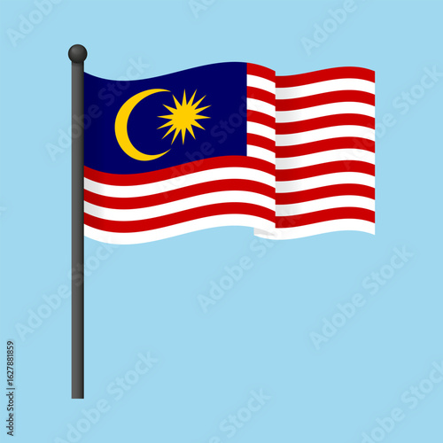 Malaysia flag waving on a flagpole against a soft blue backdrop. Vector illustration of the Malaysian flag for educational content, cultural presentations, travel blogs, and patriotic campaigns