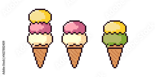 Pixel Art Triple Ice Cream Cone Set, 8-Bit Dessert Graphic, Retro Video Game Style Frozen Treats, Cute Digital Ice Cream Cones, Colorful Pixel Sweet Icons, Pixel art.