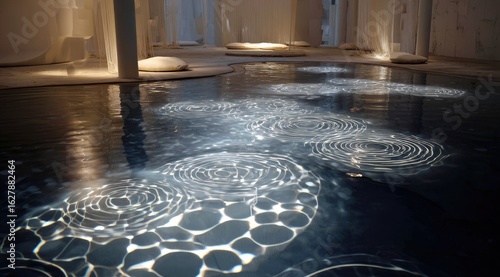 Water-filled room with light patterns.  Abstract shapes on the water's surface
