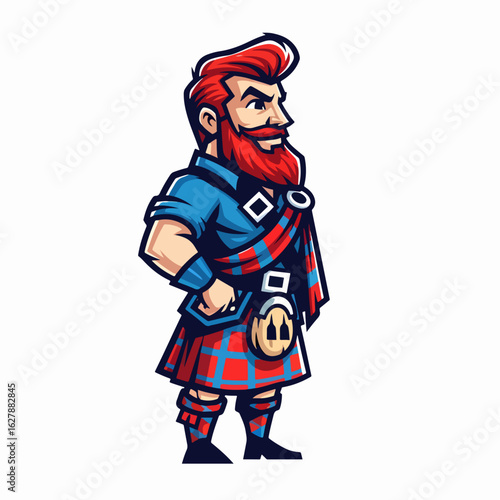 Mascot illustration of a redheaded Scotsman in kilt, a mascot, proudly standing on isolated white background. Scottish mascot character with a beard and traditional clothing,