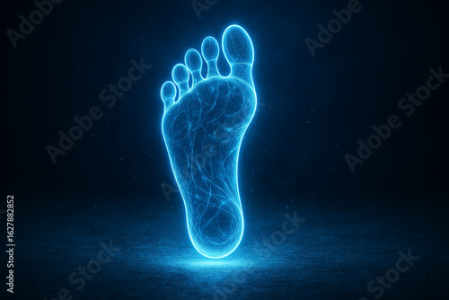 A glowing blue footprint hologram symbolizing digital progress and the future of technology.