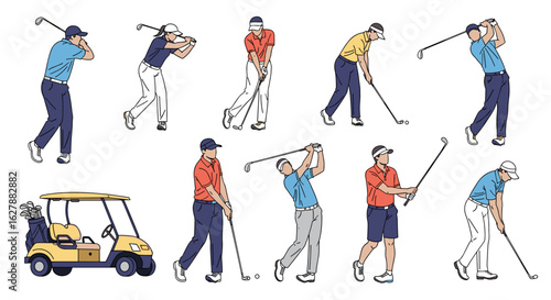 Collection of line art illustrations depicting male golfers in various swing poses and a golf cart, ideal for websites, magazines, or golf-related publications needing visuals of golfing action and