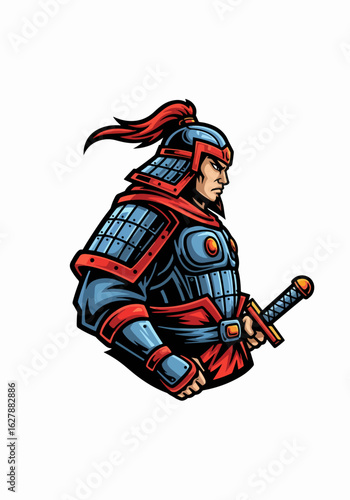 Mascot logo of samurai warrior in armored suit with sword on white background. This mascot logo represents strength and courage, great for branding. Mascot logo for sports team, gaming clan,