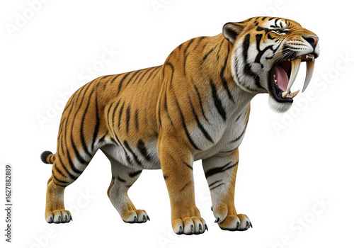 A ferocious sabertoothed tiger with its mouth open, showing sharp teeth, isolated on a transparent background