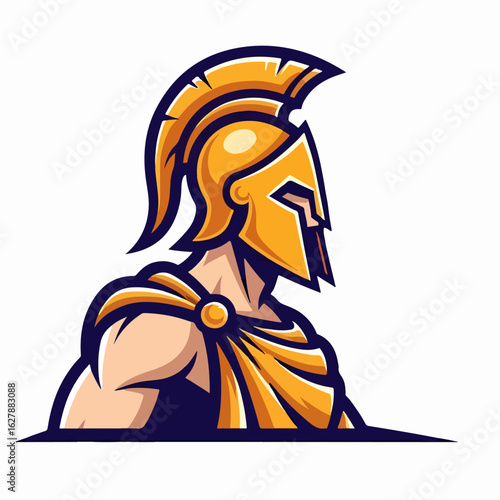 Spartan mascot in golden tones for logo design, featuring muscular warrior wearing helmet. This golden Spartan mascot exudes strength, perfect as emblem or branding symbol.