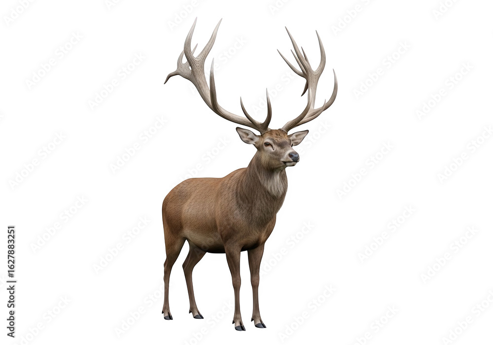 Obraz premium A majestic male deer with large, impressive antlers standing in a field, isolated on a transparent background