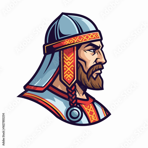 Warrior mascot illustration with brave slavic character and helmet. Illustration demonstrates warrior theme with brave man, warrior appearance, and traditional costume.