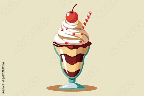 Delicious ice cream sundae with cherry and straw isolated on white background