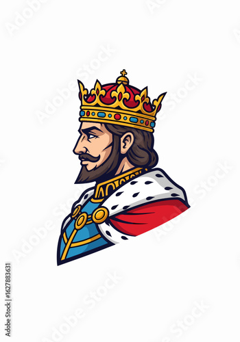Cartoon mascot of king in side profile with royal crown. This mascot design is for various creative applications, including branding or emblem designs. Original mascot, perfect for logo designs,