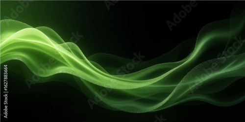 Abstract green smoke swirling in smooth flowing waves on a black background with dynamic light and color patterns