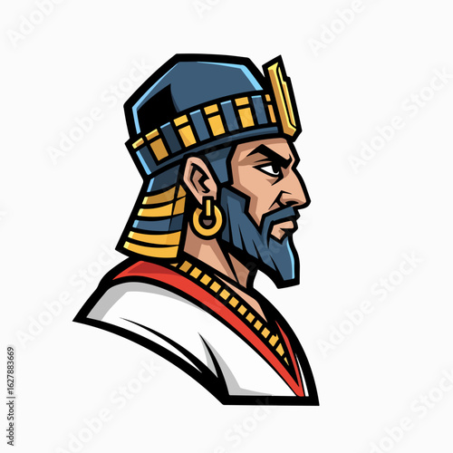 Mascot design featuring stylized king with beard and ornate headwear, ideal for logo creation. Mascot depicts strong and determined ruler, conveying authority and leadership,
