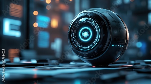 Futuristic Spherical Surveillance Device with Holographic Display and Cybernetic Design