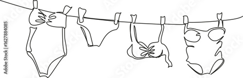 One continuous single drawing line art flat doodle panty, underclothing, rope, laundry, lingerie, string, clothespin. Isolated image hand draw contour on a white background, hand drawn, not AI
