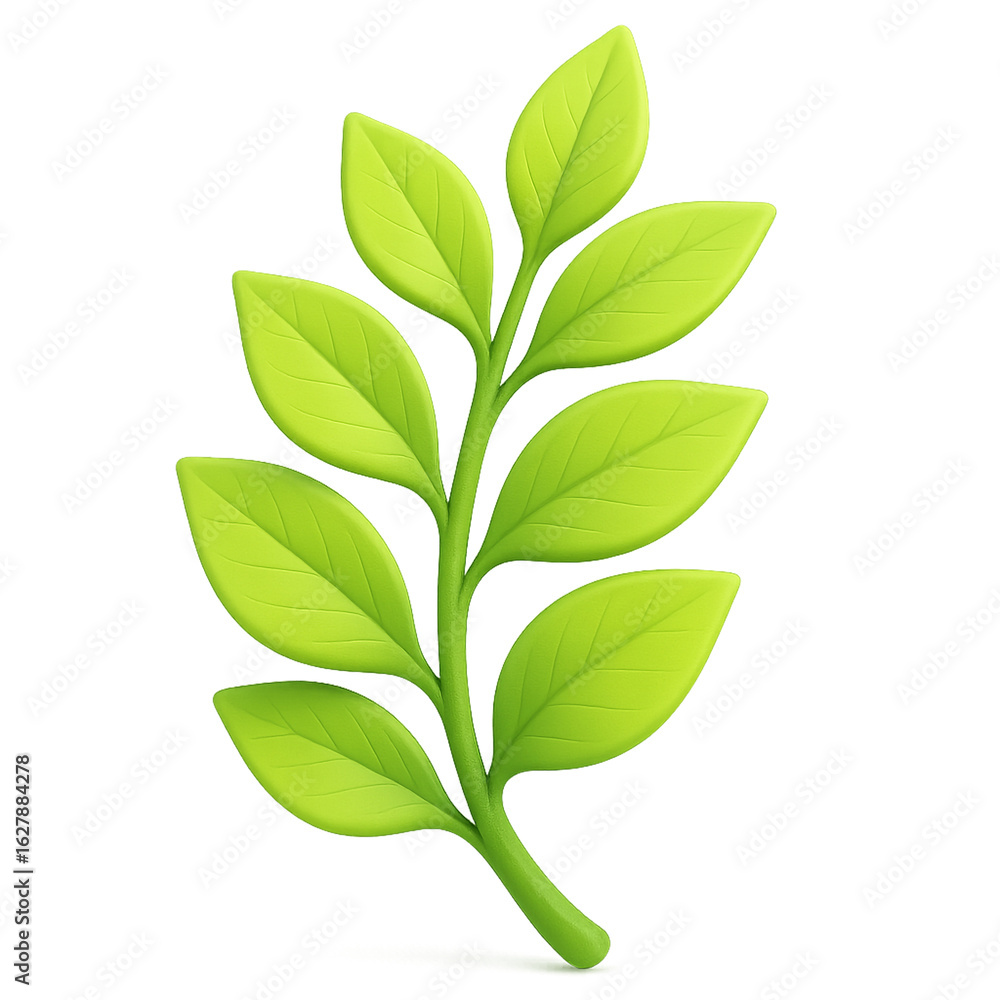 Fototapeta premium A vibrant 3D rendering of a stylized lime green branch with smooth, rounded leaves on a grey background.