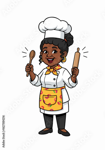 Cartoon mascot of a chef holding wooden spoon and rolling pin, inviting culinary exploration. Female chef mascot design represents quality food, while radiating warmth in her kitchen attire.