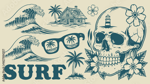 Surf Culture Vector Set – Ocean Waves, Marine Wildlife, and Coastal Elements in Vintage Beach Style for Summer Adventure and Tropical Lifestyle Designs

