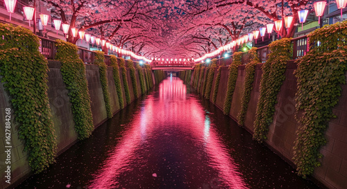 Cherry blossom trees and lanterns illuminating Nakameguro river canal in Tokyo, Japan during hanami spring night festival
