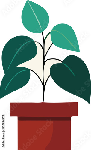 A stylized illustration of a healthy green potted plant with large broad leaves in a terracotta pot against a white background