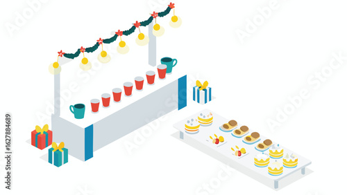 Isometric view of christmas market stall with garland lights cups gifts and pastries on display table