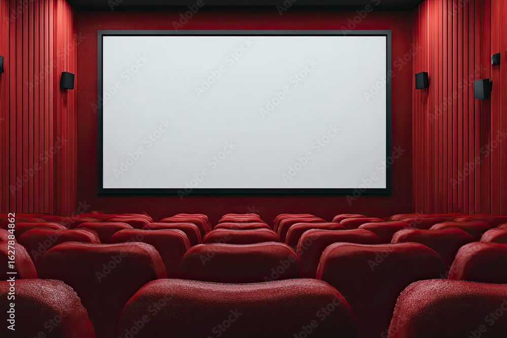 Fototapeta premium Empty movie theater interior with red seats and blank screen