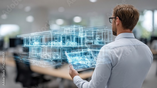 Arquitecto revisando modelo arquitectónico digital transparente