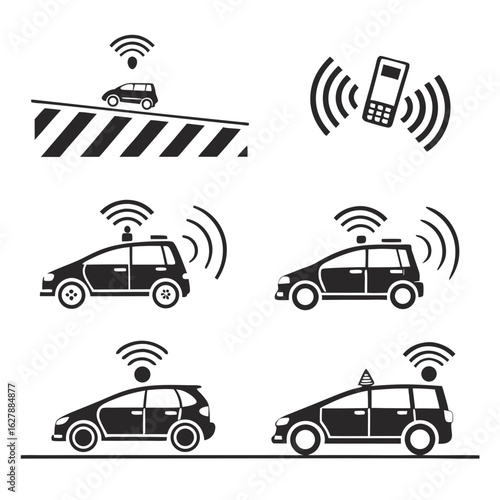 Set of self driving car icons isolated on white background in vector format