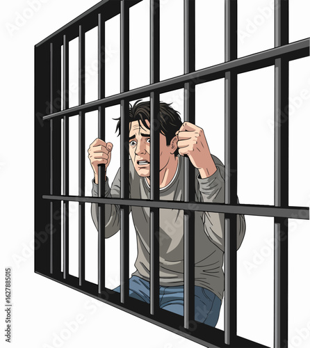 Illustration showing man in prison with bars. Man in prison appears distressed behind bars, symbolizing confinement and loss of freedom.