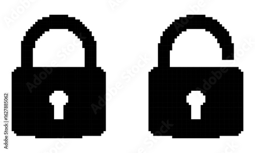 Set of Padlock templates in pixel art style. Black solid security symbols: locked and unlocked. Protection, access, labels. Isolated on white background.