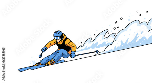 A cartoon illustration depicts a skier in action, skillfully navigating down a snow-covered slope, creating a dynamic scene against a clean white background.