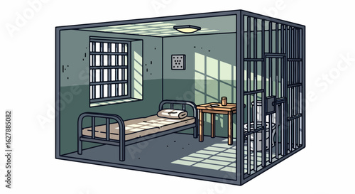 Prison cell with bed and table behind bars, a stark depiction of confinement. Prison cell setup evokes the isolation and harsh reality of incarceration with its cold, unadorned furnishings.