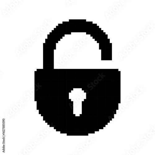 Padlock templates in pixel art style. Black solid locked security symbol. Protection, private, labels. Isolated on white background.