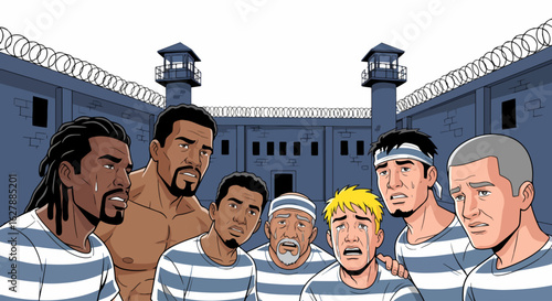 Inside prison, a group of inmates stand together looking concerned, they seem trapped in prison. Group faces confinement in the courtyard.