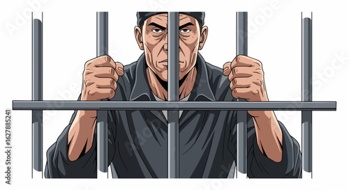Prisoner behind bars looking out, an inmate wearing a black cap stares intensely from prison bars. Prison bars represent confinement and loss of freedom.