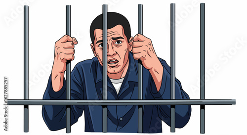 Man in prison behind bars with desperate look on his face symbolizing incarceration. Prison bars confine despairing man in jumpsuit, expressing loss of freedom and confinement,