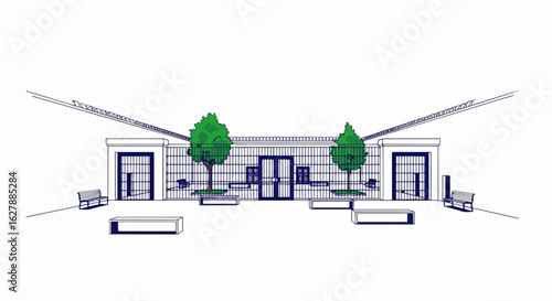 Prison illustration showcases penitentiary building design with exterior benches for architectural planning. Penitentiary building illustration shows correctional facility in architectural design,