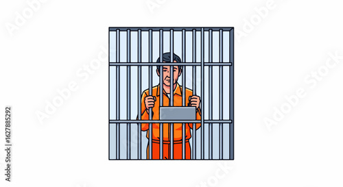 Prison cell illustration depicting a man behind bars, wearing an orange jumpsuit, suggesting confinement and loss of freedom. Prison bars symbolize incarceration,