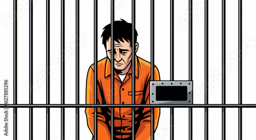 Prisoner behind bars in a prison cell. Prisoner in orange jumpsuit with a somber expression, standing dejectedly behind cold steel bars, his fate sealed, representing prison life and incarceration.