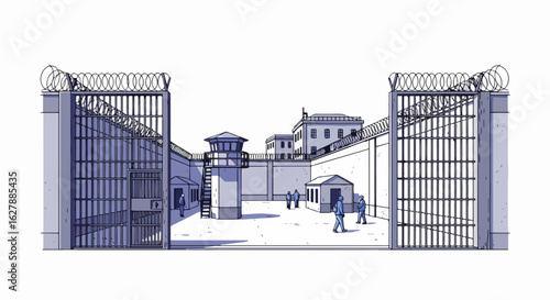 View of prison yard with tall walls and iron gates. Prison represents confinement and justice within correctional institution.